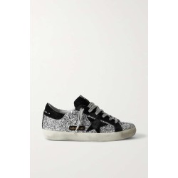 Superstar distressed glittered leather and suede sneakers