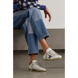 Superstar distressed suede-trimmed printed leather sneakers