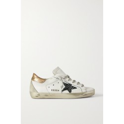 Superstar distressed suede-trimmed printed leather sneakers