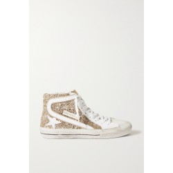 Slide distressed glittered leather high-top sneakers