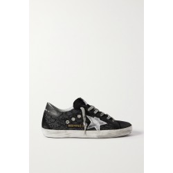 Superstar distressed suede, leather and glittered lace sneakers